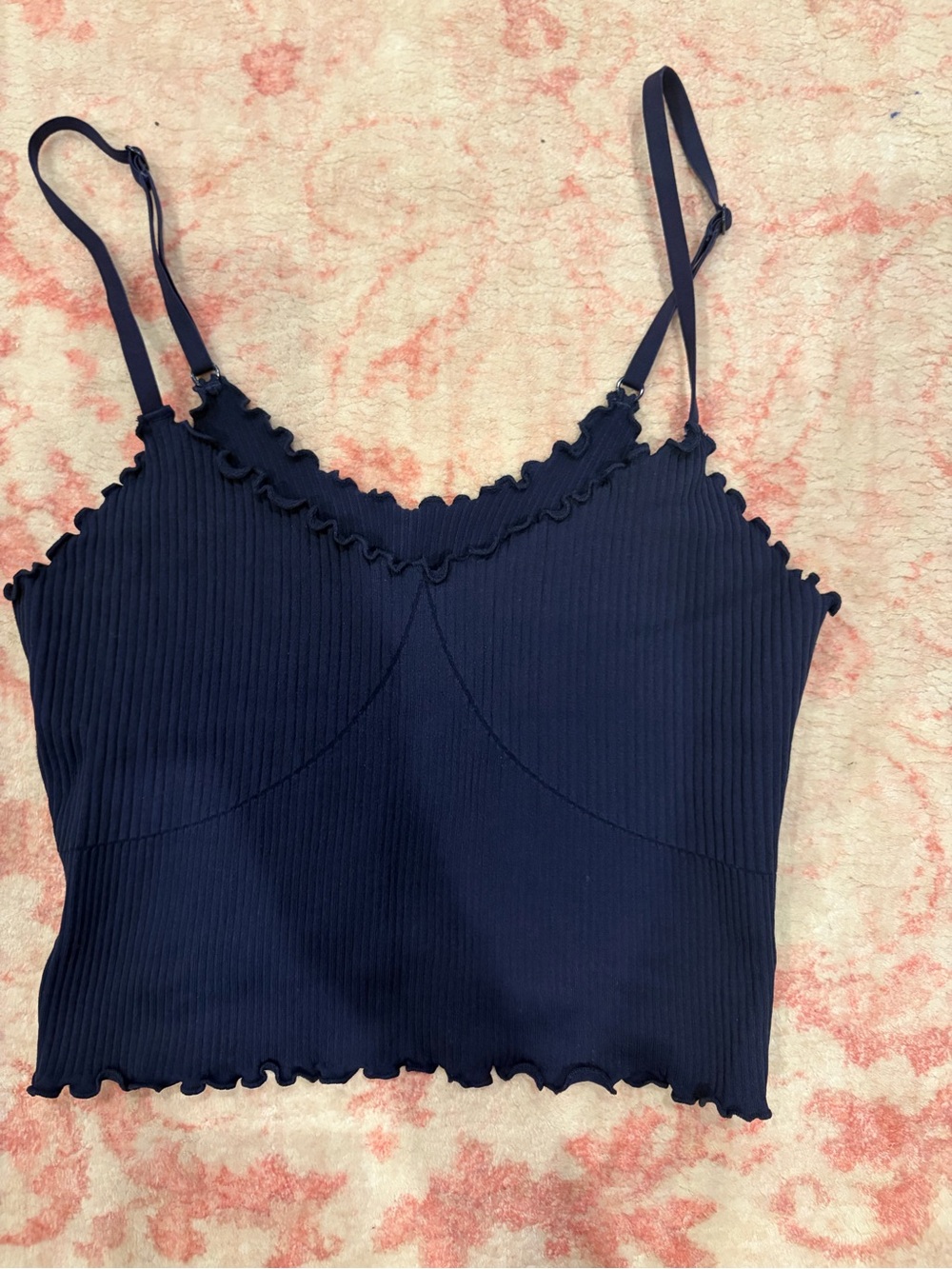 aerie Navy Ribbed Cropped Cami with Ruffle Edging